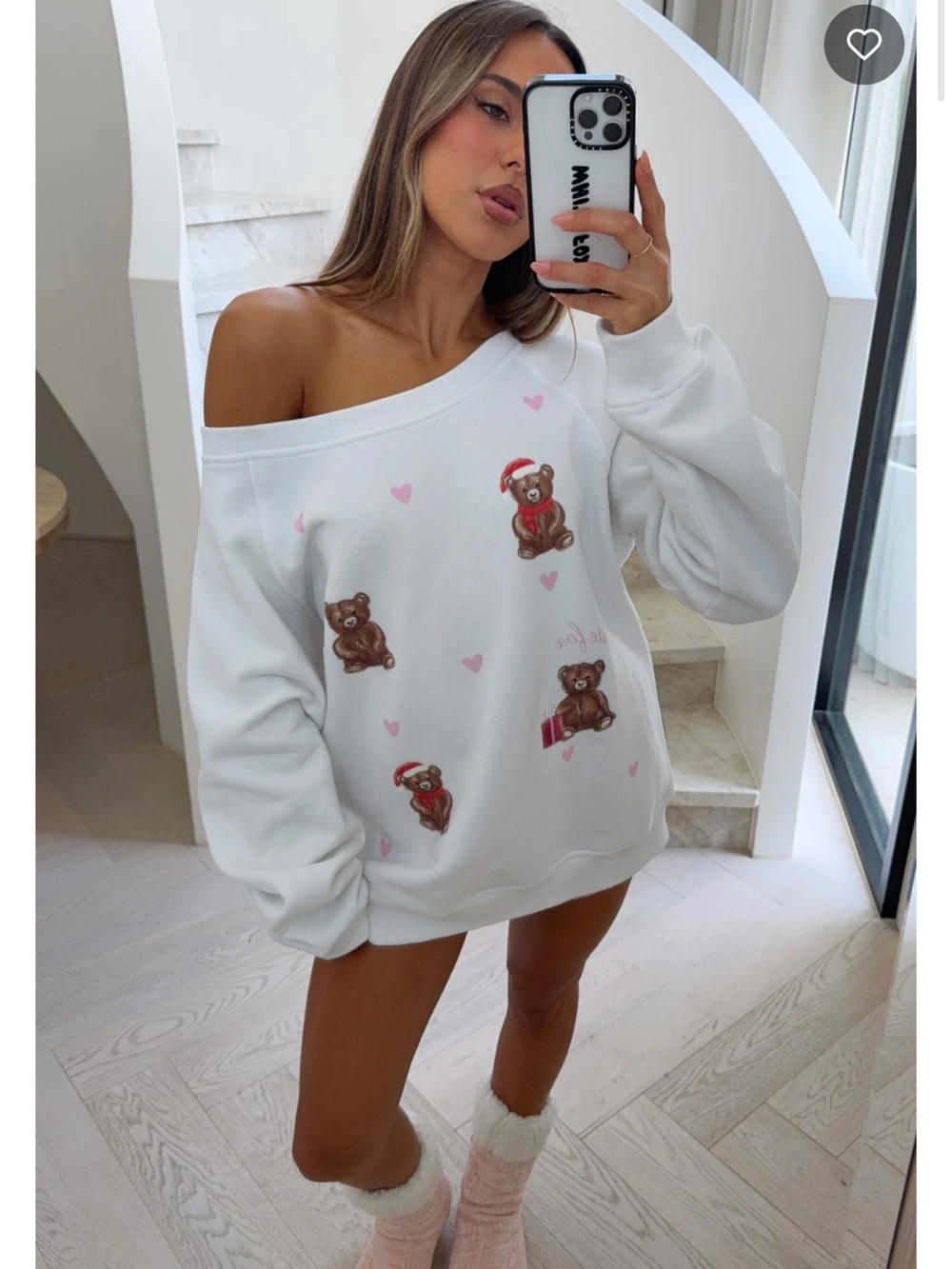White Fox Boutique Off-Shoulder White Sweater with Teddy Bear Print